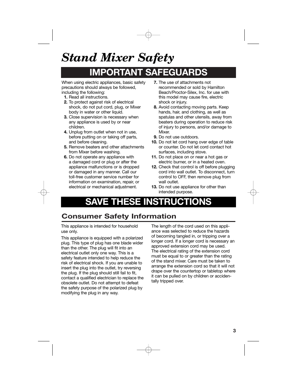 Stand mixer safety, Important safeguards, Save these instructions | Consumer safety information | Hamilton Beach 60695 User Manual | Page 3 / 12