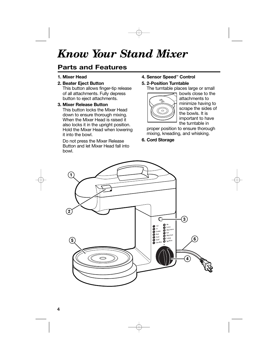 Know your stand mixer, Parts and features | Hamilton Beach 60695 User Manual | Page 4 / 12