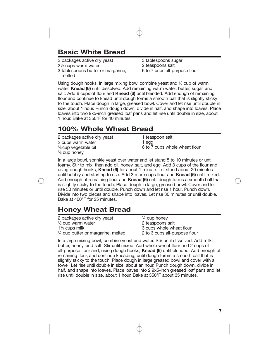 Basic white bread, 100% whole wheat bread, Honey wheat bread | Hamilton Beach 60695 User Manual | Page 7 / 12