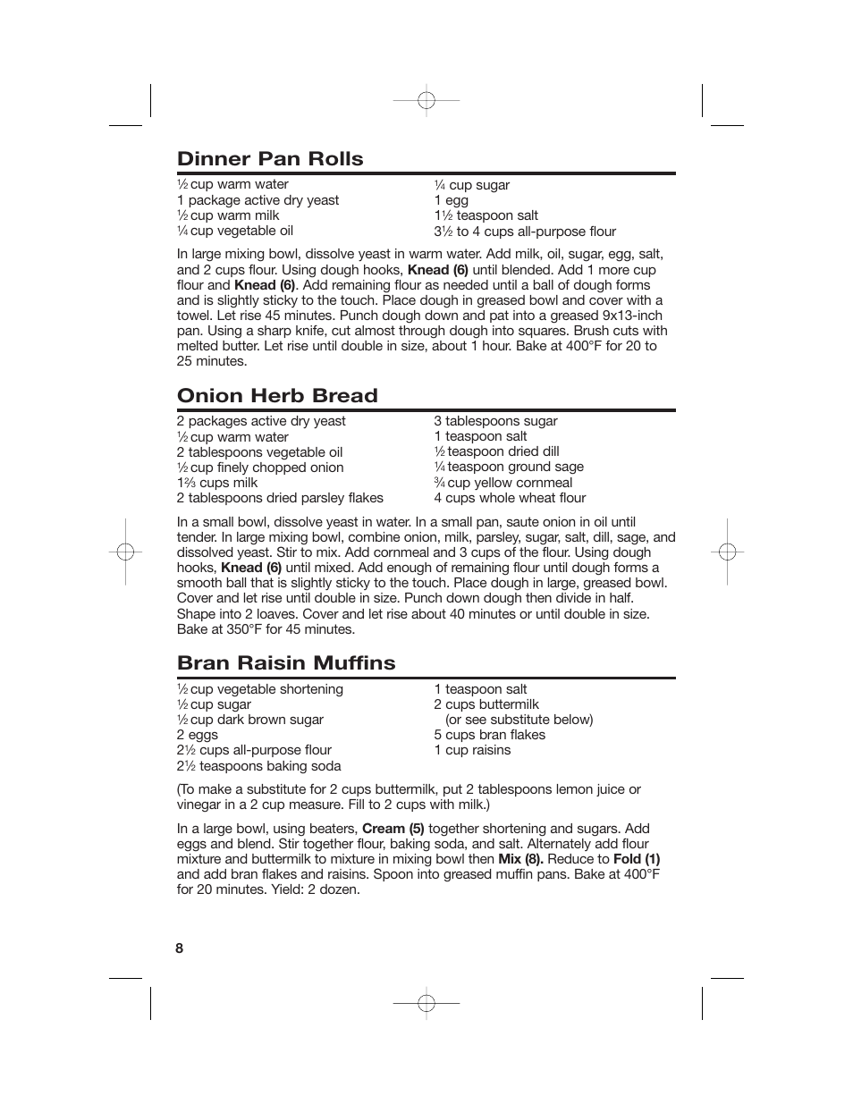 Dinner pan rolls, Onion herb bread, Bran raisin muffins | Hamilton Beach 60695 User Manual | Page 8 / 12