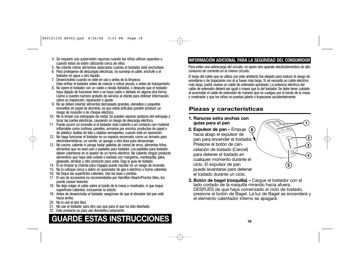 Guarde estas instrucciones | Hamilton Beach Toasters 22988 User Manual | Page 12 / 17