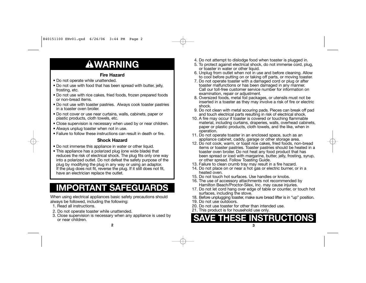 W warning, Important safeguards, Save these instructions | Hamilton Beach Toasters 22988 User Manual | Page 2 / 17