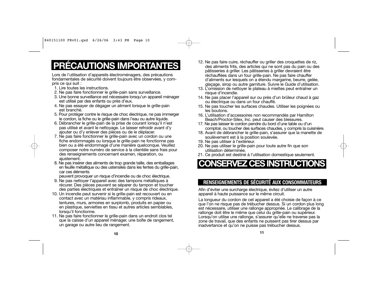 Conservez ces instructions, Précautions importantes | Hamilton Beach Toasters 22988 User Manual | Page 7 / 17