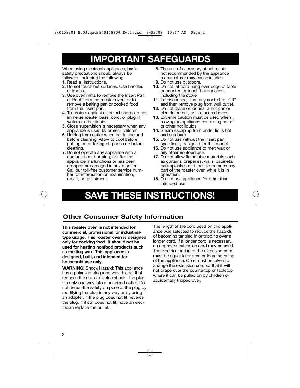 Important safeguards save these instructions | Hamilton Beach 840158201 User Manual | Page 2 / 32