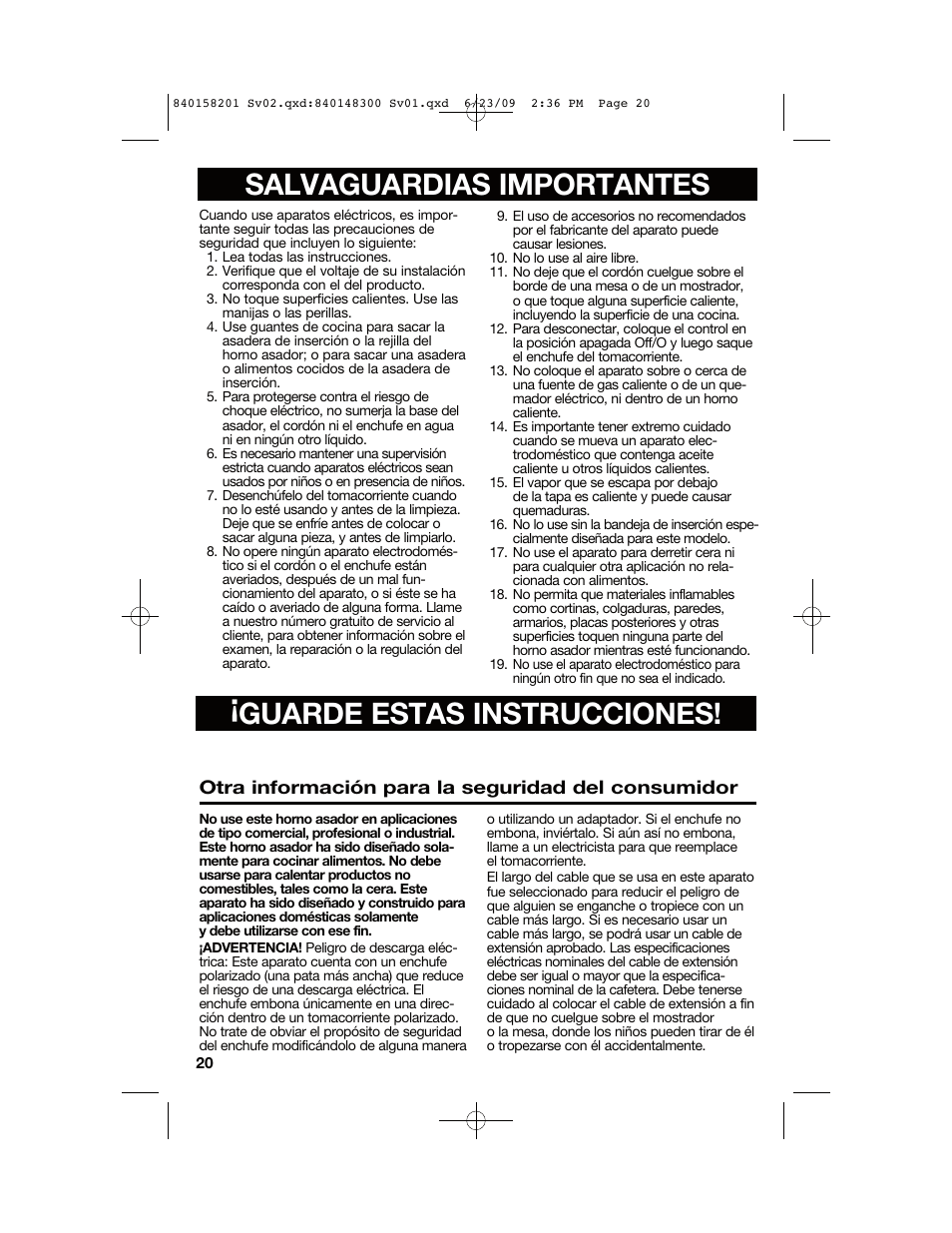 Salvaguardias importantes, Guarde estas instrucciones | Hamilton Beach 840158201 User Manual | Page 20 / 32