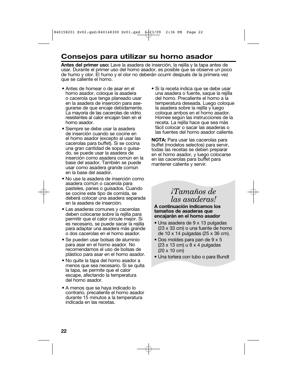 Tamaños de las asaderas, Consejos para utilizar su horno asador | Hamilton Beach 840158201 User Manual | Page 22 / 32