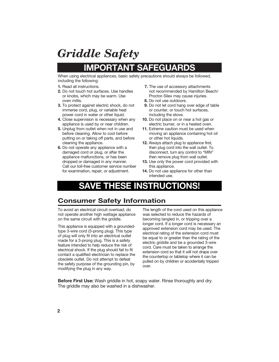 Griddle safety, Important safeguards save these instructions, Consumer safety information | Hamilton Beach 840098400 User Manual | Page 2 / 8