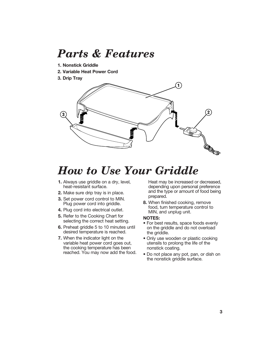 Parts & features, How to use your griddle | Hamilton Beach 840098400 User Manual | Page 3 / 8