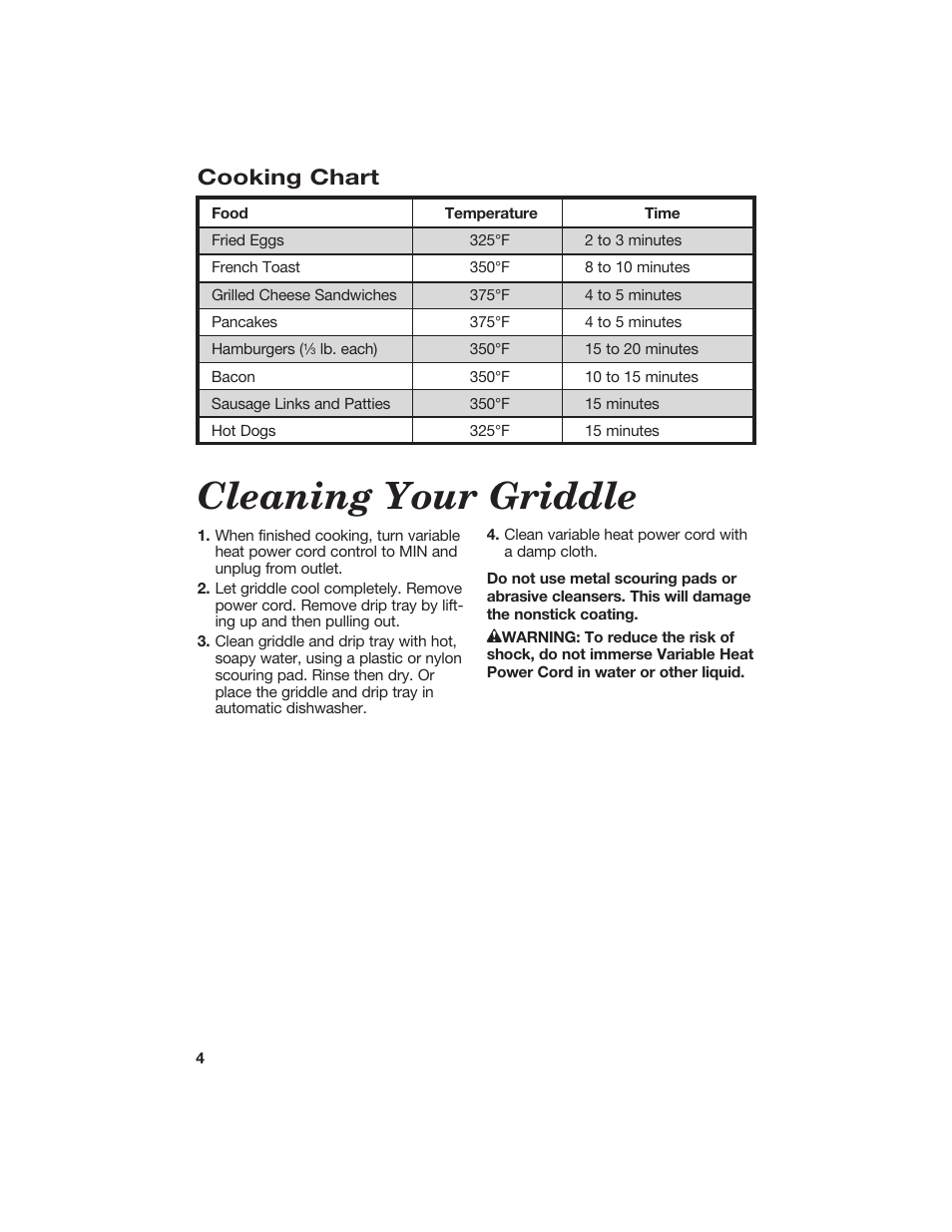 Cleaning your griddle, Cooking chart | Hamilton Beach 840098400 User Manual | Page 4 / 8