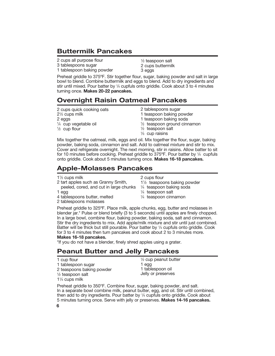 Buttermilk pancakes, Overnight raisin oatmeal pancakes, Apple-molasses pancakes | Peanut butter and jelly pancakes | Hamilton Beach 840098400 User Manual | Page 6 / 8