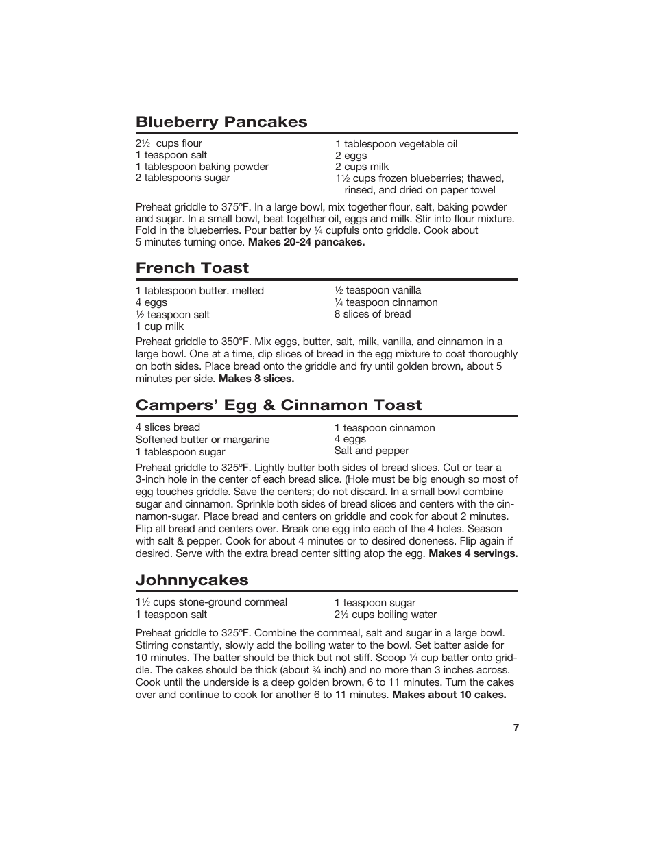 Blueberry pancakes, French toast, Campers’ egg & cinnamon toast | Johnnycakes | Hamilton Beach 840098400 User Manual | Page 7 / 8