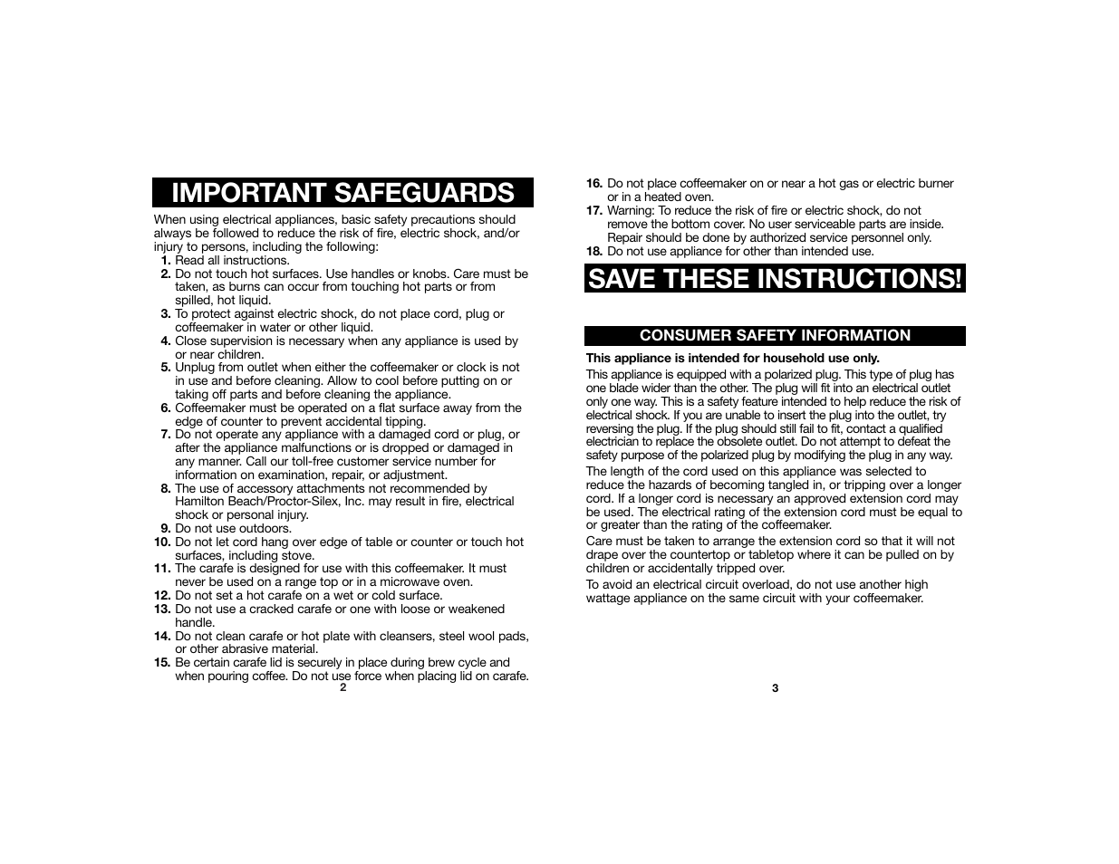 Important safeguards, Save these instructions | Hamilton Beach FlavorPlus 840106700 User Manual | Page 2 / 6