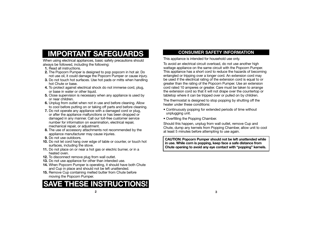 Important safeguards save these instructions | Hamilton Beach Hot Air Popcorn Pumper User Manual | Page 2 / 4