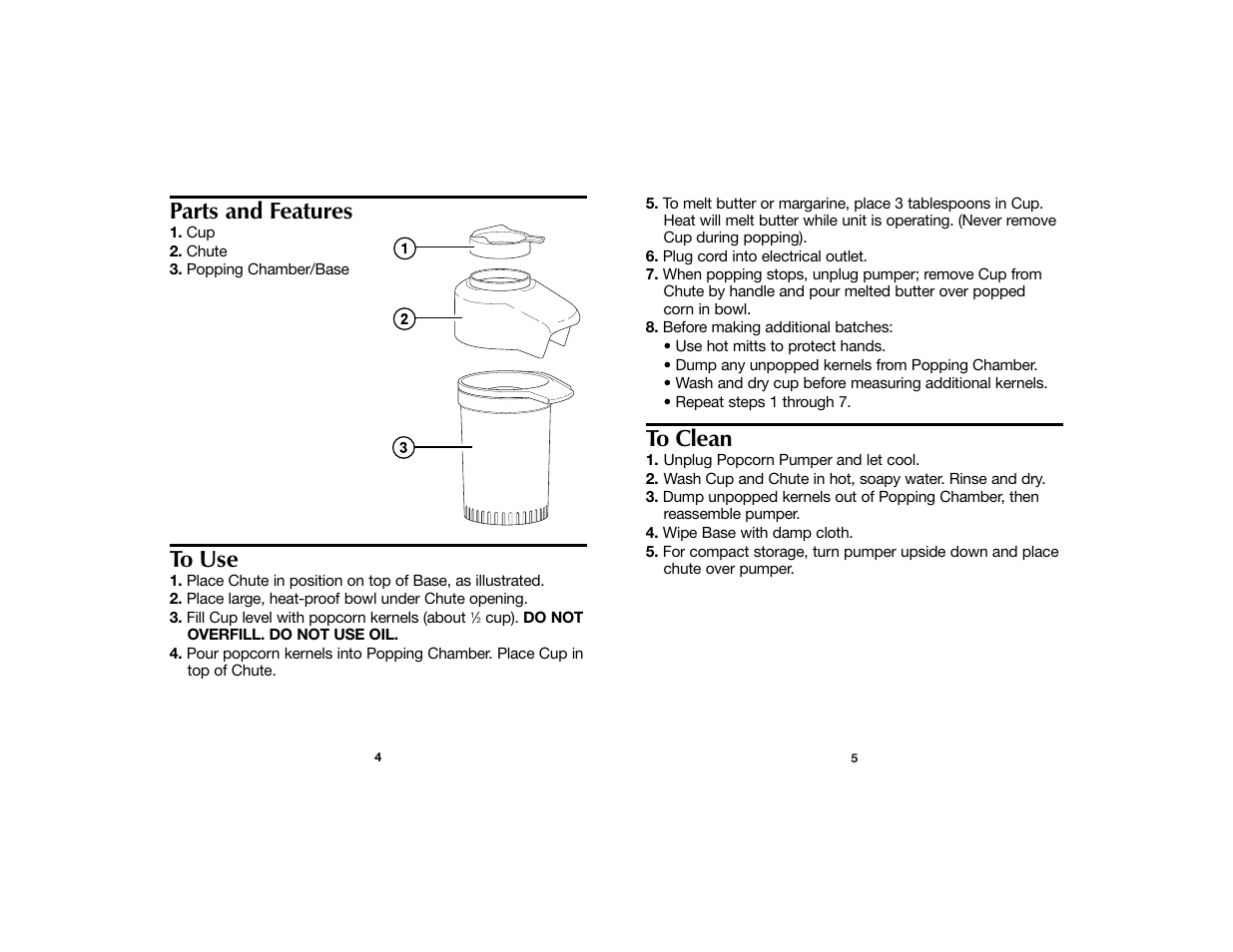 Parts and features | Hamilton Beach Hot Air Popcorn Pumper User Manual | Page 3 / 4