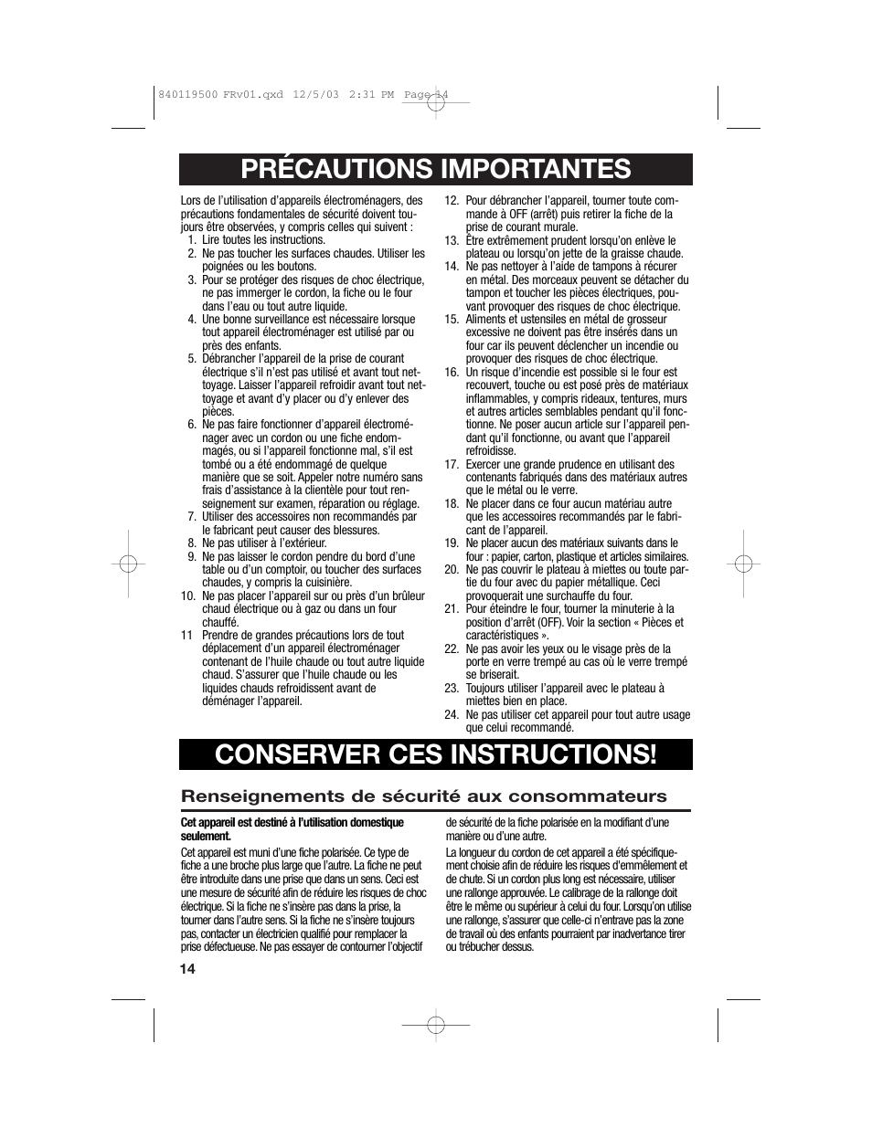 Précautions importantes, Conserver ces instructions | Hamilton Beach 31195 User Manual | Page 14 / 36