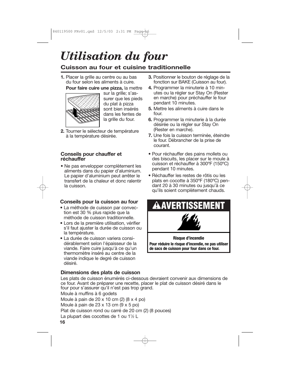 Utilisation du four, Wavertissement | Hamilton Beach 31195 User Manual | Page 16 / 36