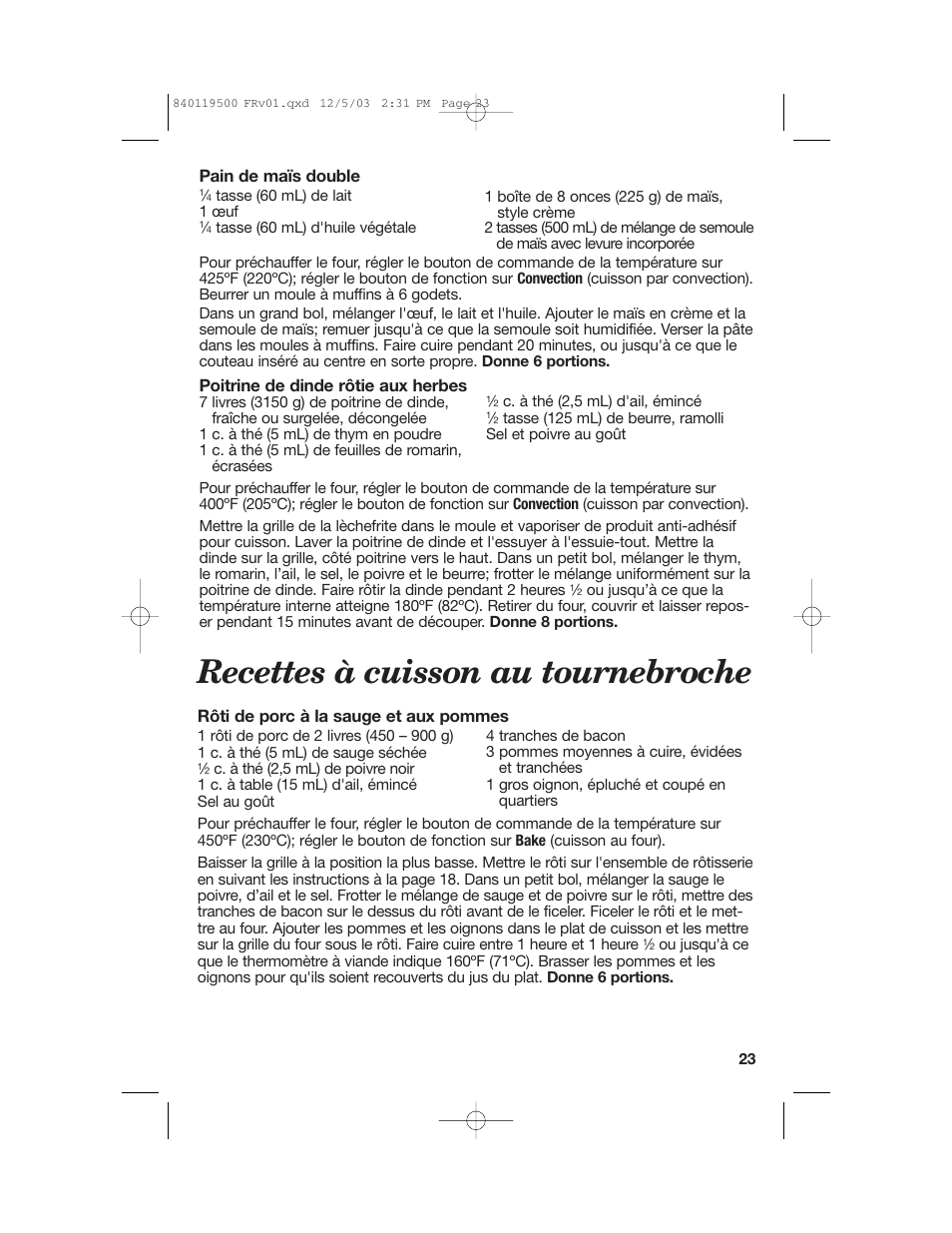 Recettes à cuisson au tournebroche | Hamilton Beach 31195 User Manual | Page 23 / 36