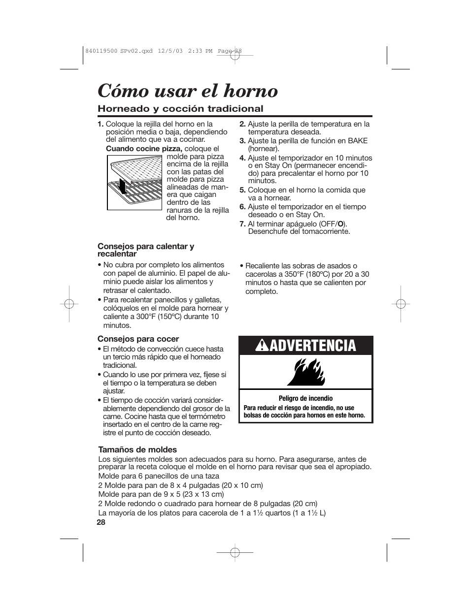 Cómo usar el horno, Wadvertencia | Hamilton Beach 31195 User Manual | Page 28 / 36