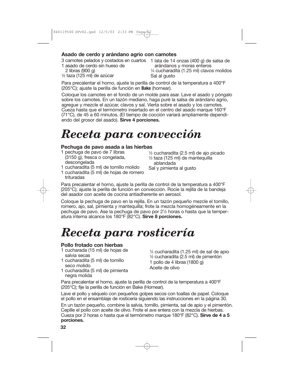 Receta para rosticería, Receta para convección | Hamilton Beach 31195 User Manual | Page 32 / 36