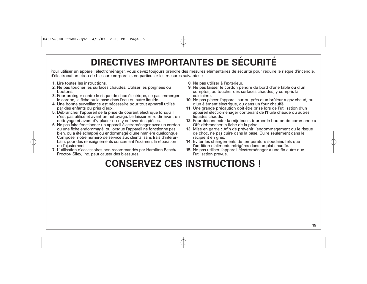 Directives importantes de sécurité, Conservez ces instructions | Hamilton Beach 33134C User Manual | Page 15 / 44