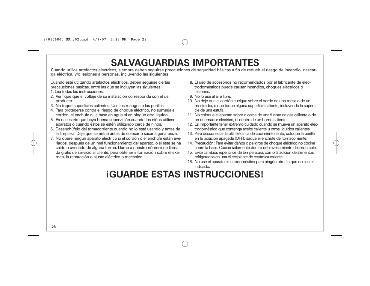 Salvaguardias importantes, Guarde estas instrucciones | Hamilton Beach 33134C User Manual | Page 28 / 44