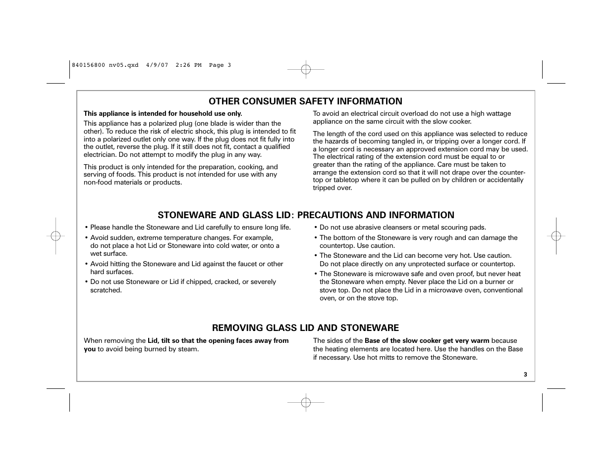 Other consumer safety information, Removing glass lid and stoneware | Hamilton Beach 33134C User Manual | Page 3 / 44