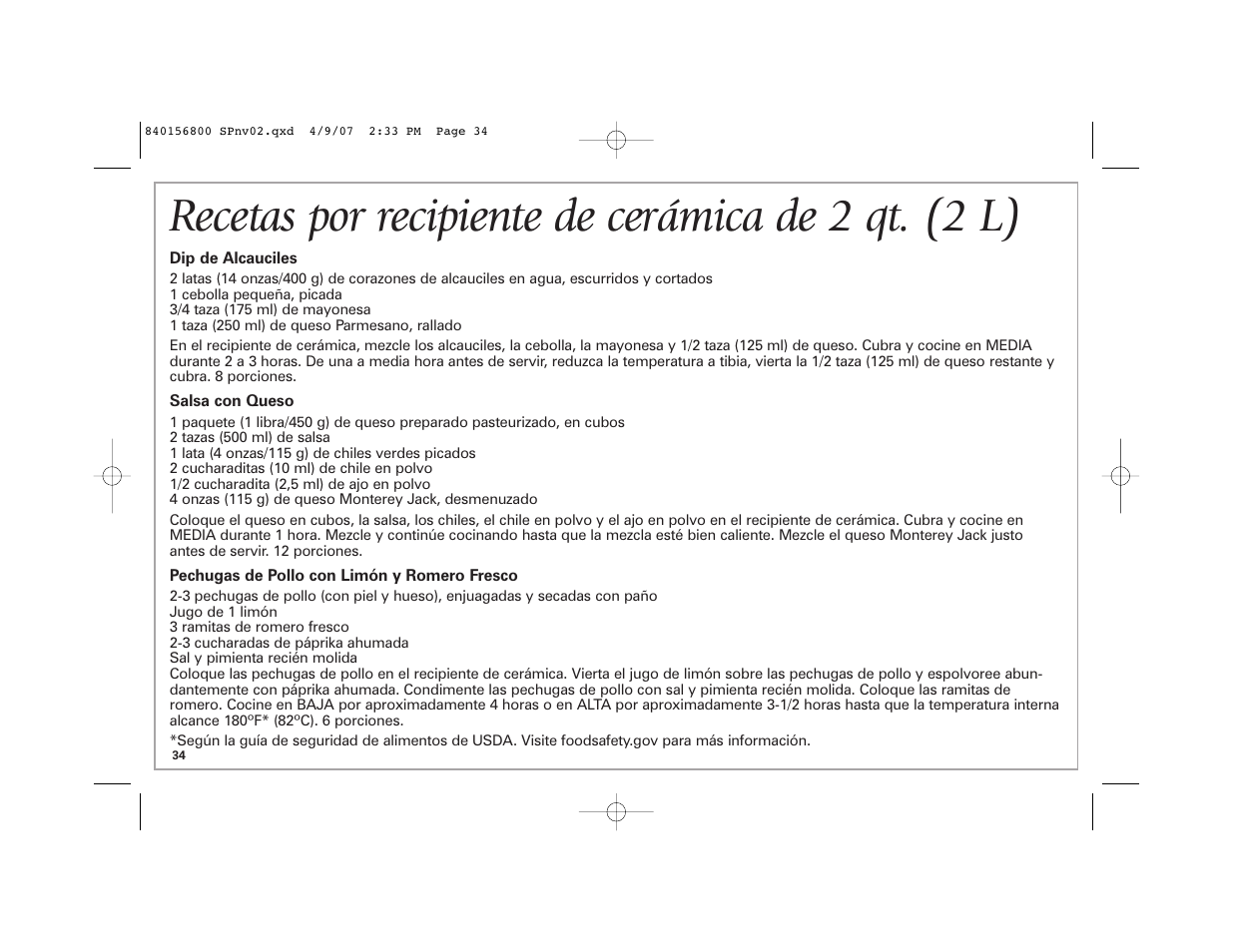 Recetas por recipiente de cerámica de 2 qt. (2 l) | Hamilton Beach 33134C User Manual | Page 34 / 44