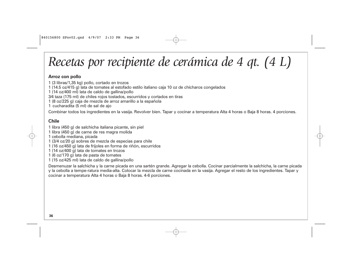 Recetas por recipiente de cerámica de 4 qt. (4 l) | Hamilton Beach 33134C User Manual | Page 36 / 44