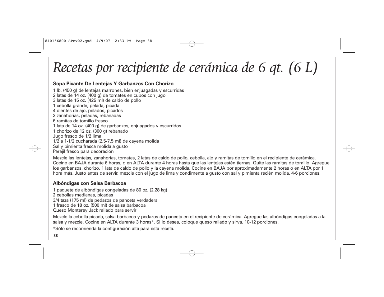 Recetas por recipiente de cerámica de 6 qt. (6 l) | Hamilton Beach 33134C User Manual | Page 38 / 44