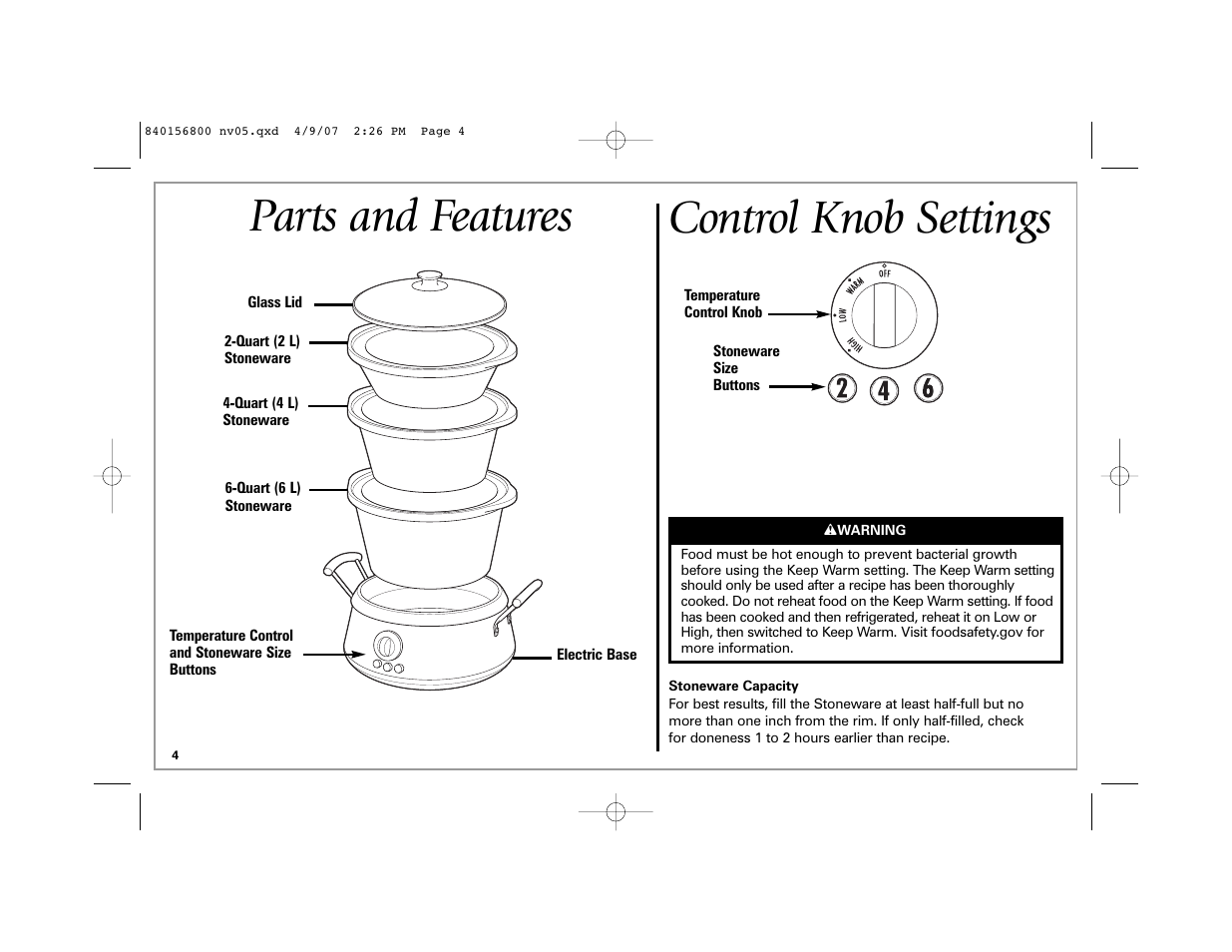 Parts and features, Control knob settings | Hamilton Beach 33134C User Manual | Page 4 / 44
