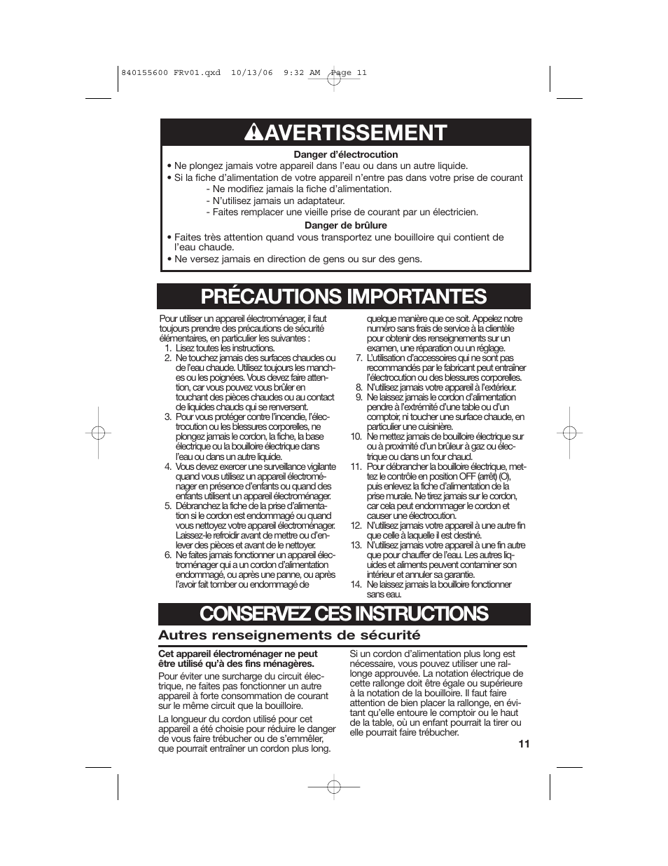 W avertissement, Précautions importantes, Conservez ces instructions | Hamilton Beach 40990 User Manual | Page 11 / 28