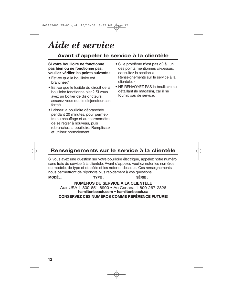 Aide et service | Hamilton Beach 40990 User Manual | Page 12 / 28