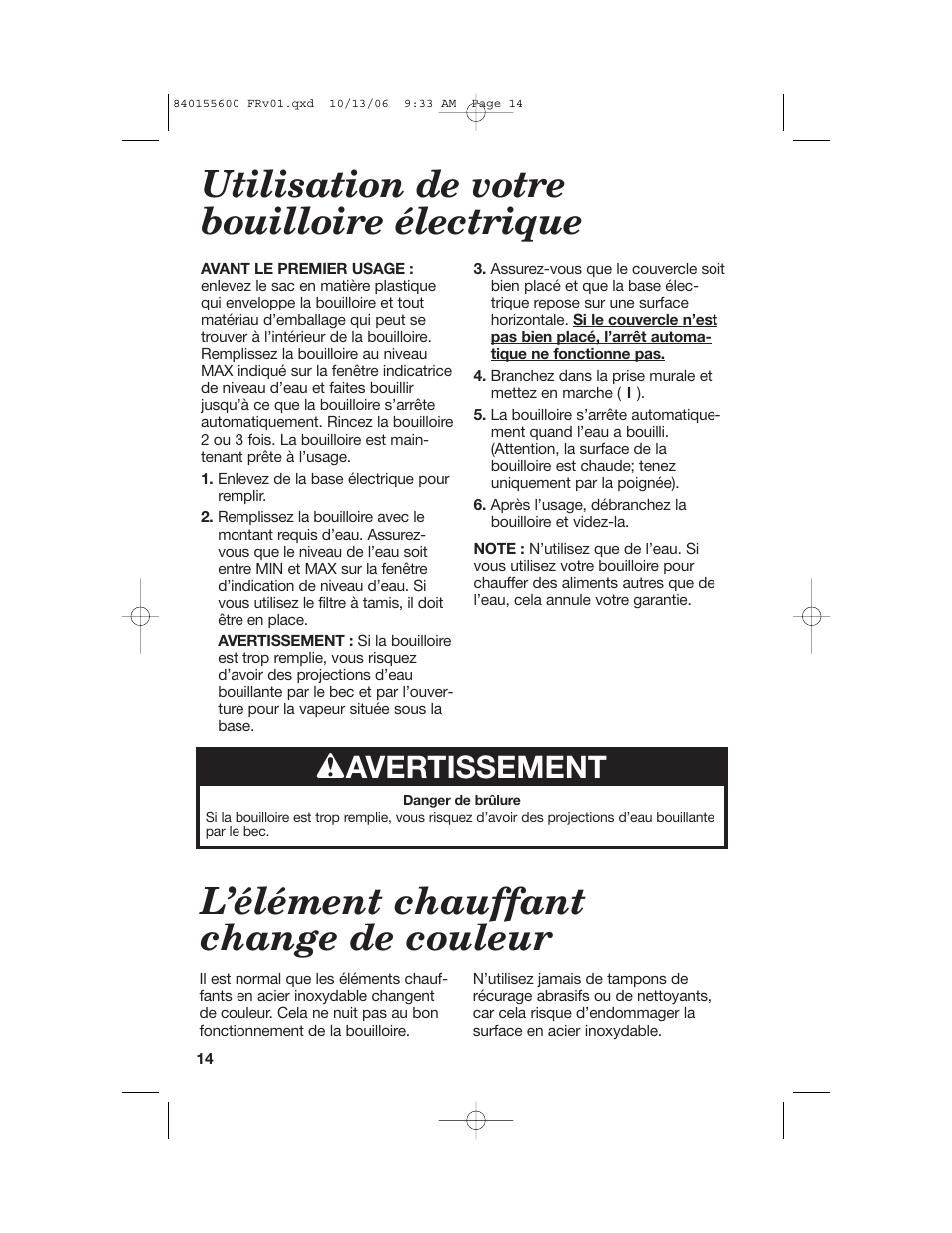 Utilisation de votre bouilloire électrique, L’élément chauffant change de couleur, W avertissement | Hamilton Beach 40990 User Manual | Page 14 / 28