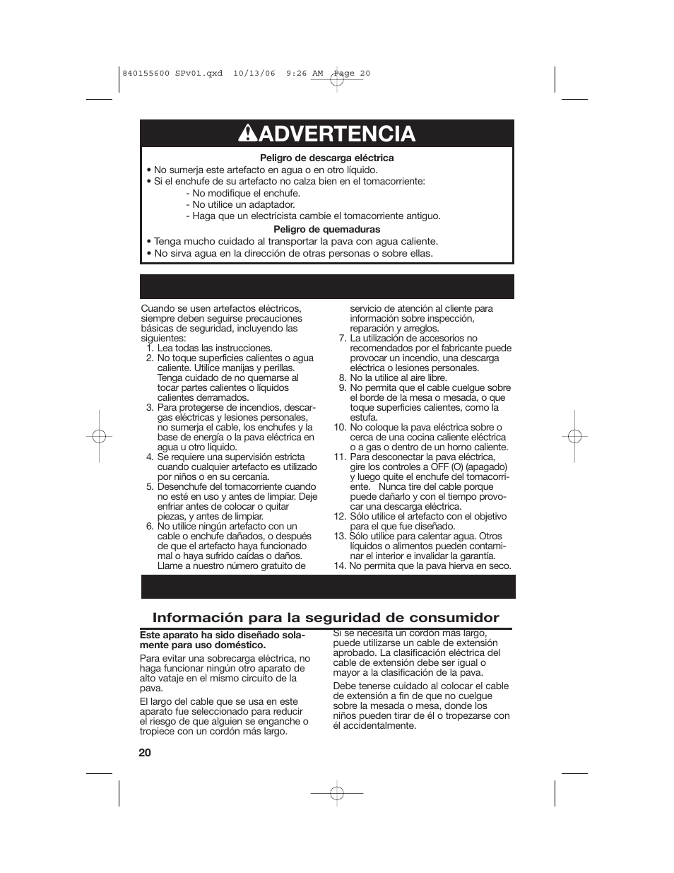 Wadvertencia | Hamilton Beach 40990 User Manual | Page 20 / 28