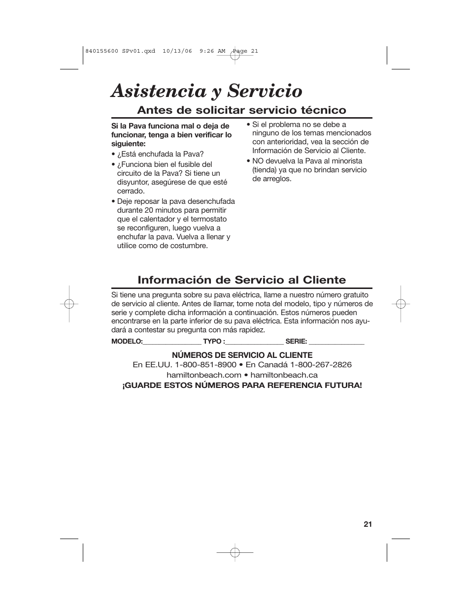 Asistencia y servicio | Hamilton Beach 40990 User Manual | Page 21 / 28