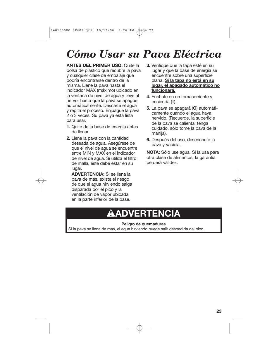 Cómo usar su pava eléctrica, Wadvertencia | Hamilton Beach 40990 User Manual | Page 23 / 28