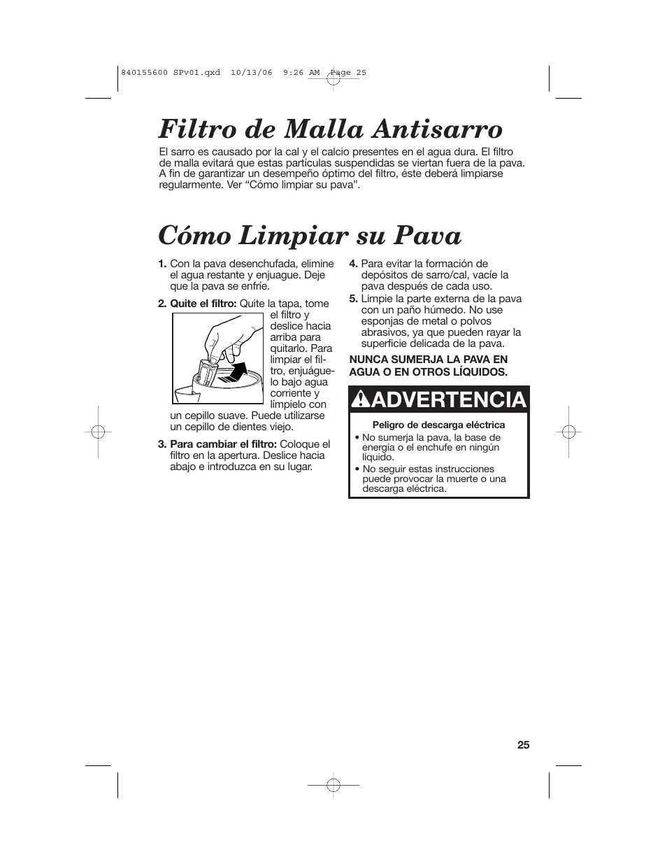 Cómo limpiar su pava filtro de malla antisarro, Wadvertencia | Hamilton Beach 40990 User Manual | Page 25 / 28