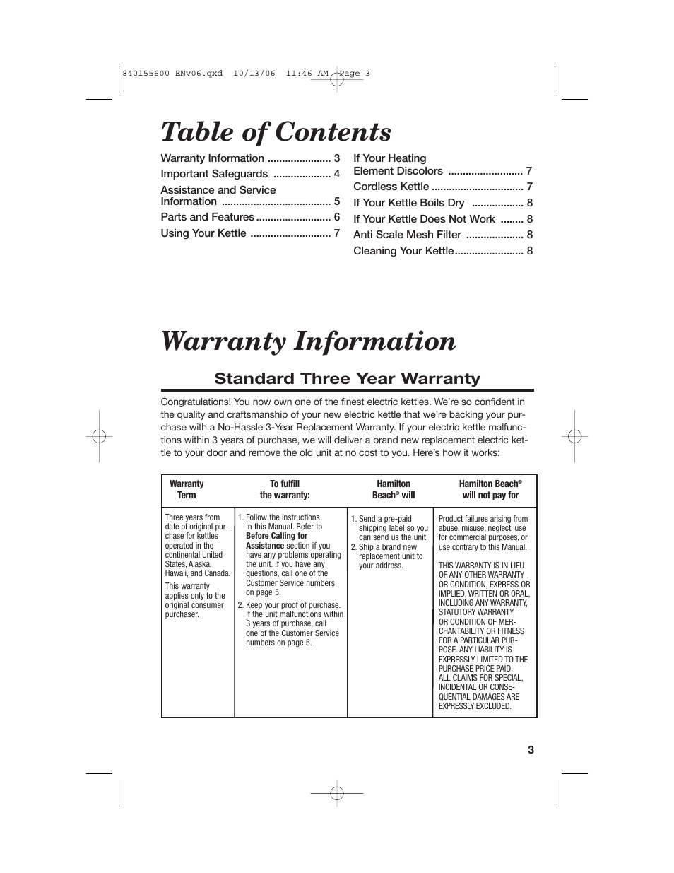 Table of contents warranty information, Standard three year warranty | Hamilton Beach 40990 User Manual | Page 3 / 28