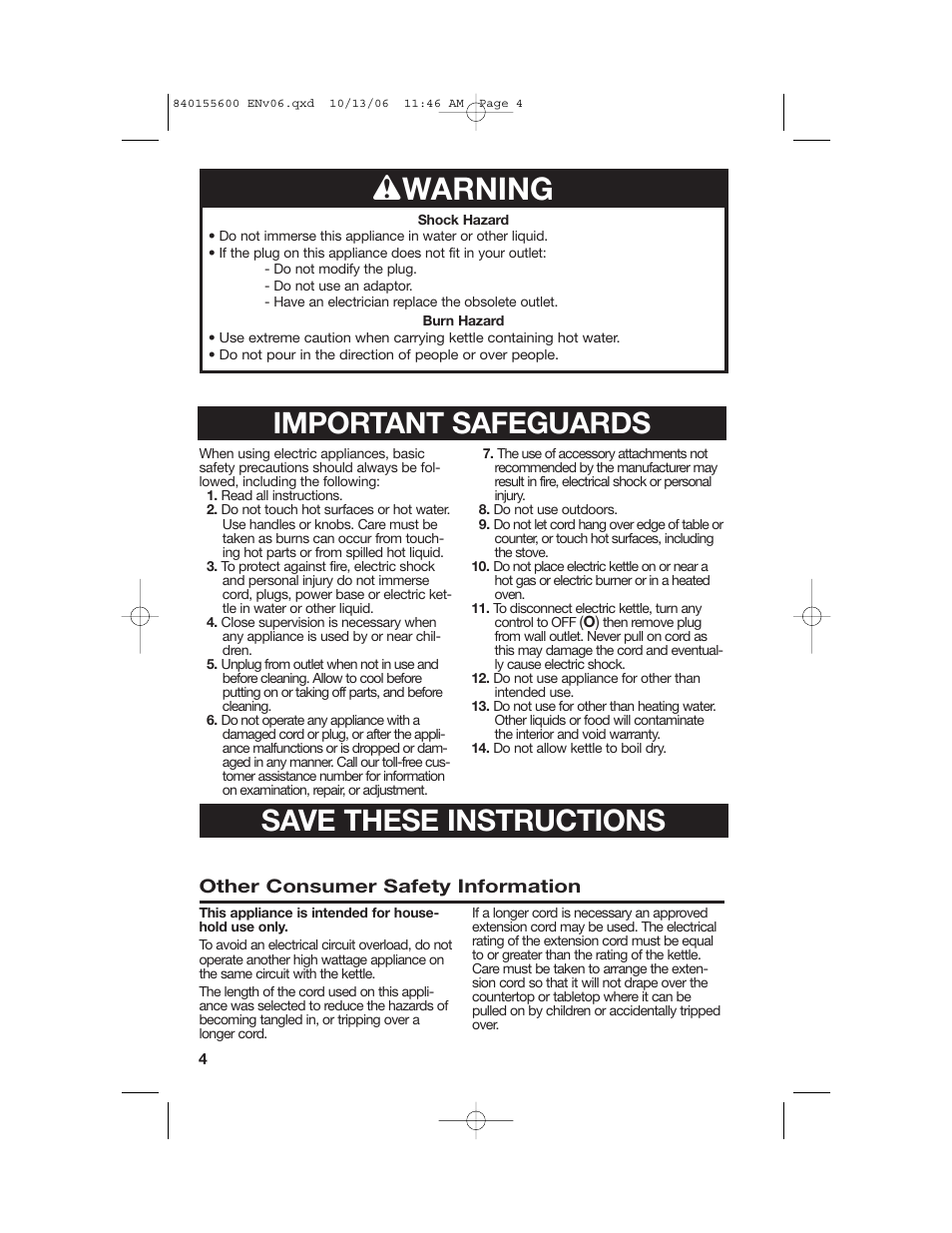 W warning, Save these instructions, Important safeguards | Hamilton Beach 40990 User Manual | Page 4 / 28