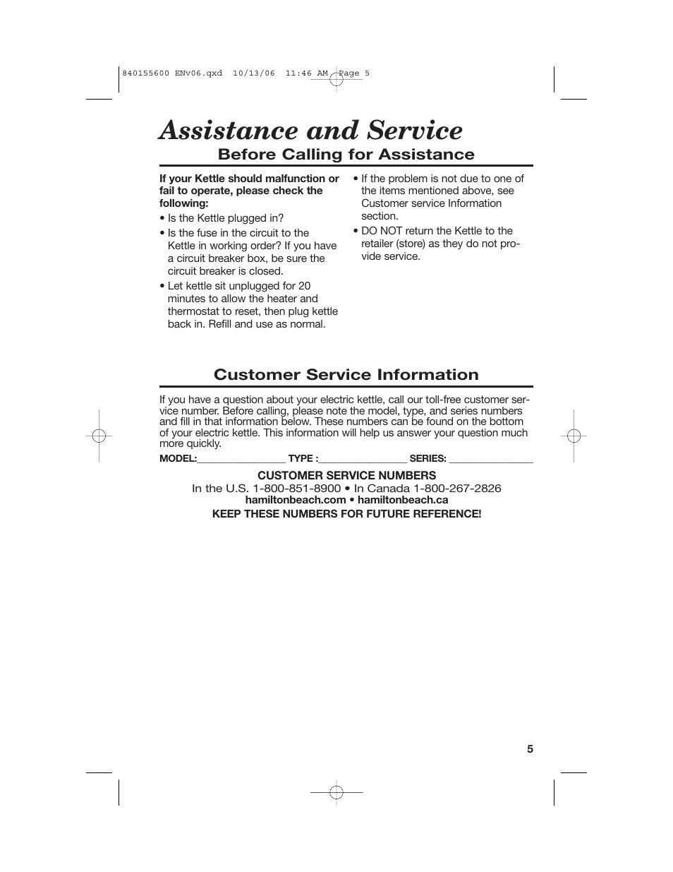 Assistance and service | Hamilton Beach 40990 User Manual | Page 5 / 28