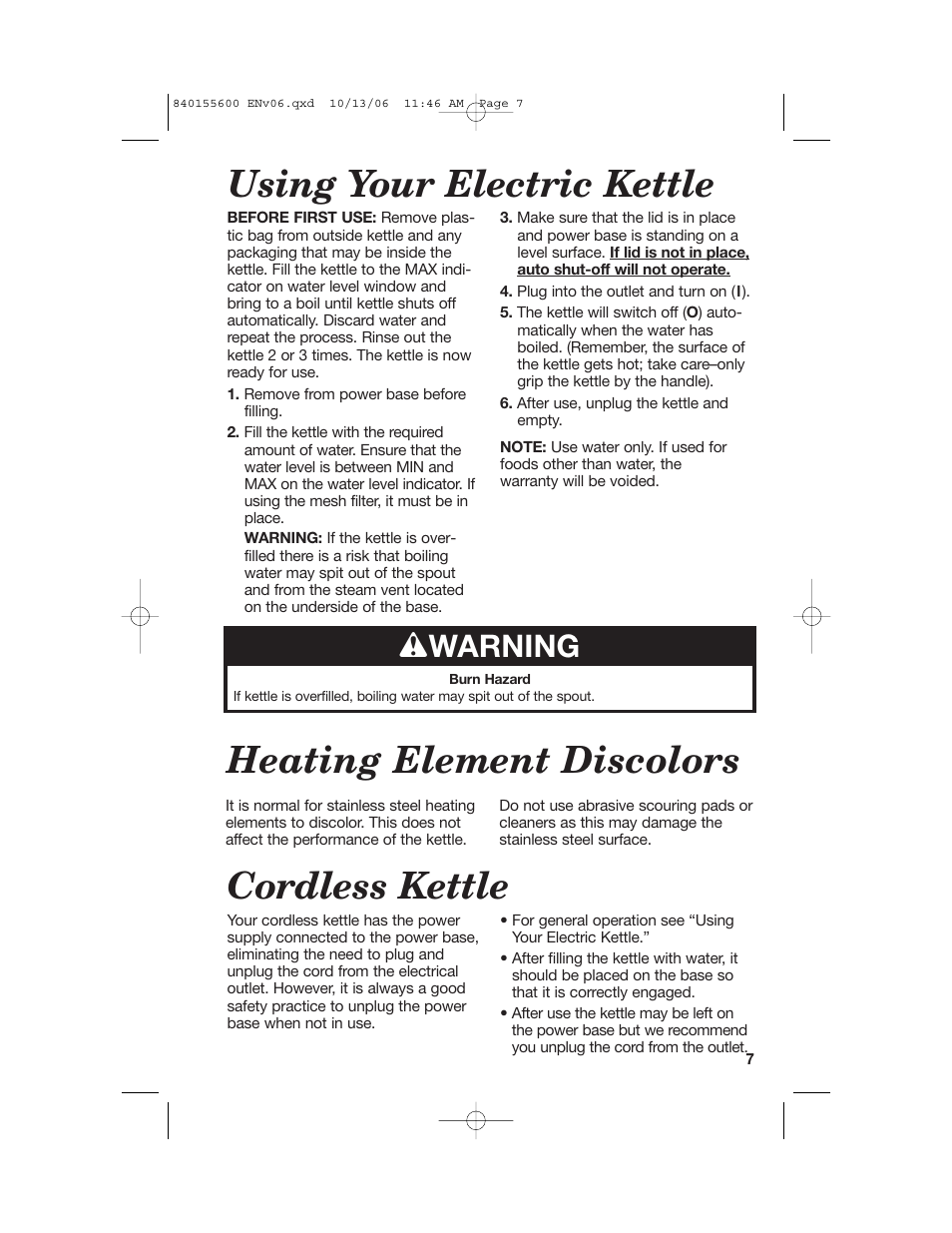 Using your electric kettle, Cordless kettle, Heating element discolors | W warning | Hamilton Beach 40990 User Manual | Page 7 / 28