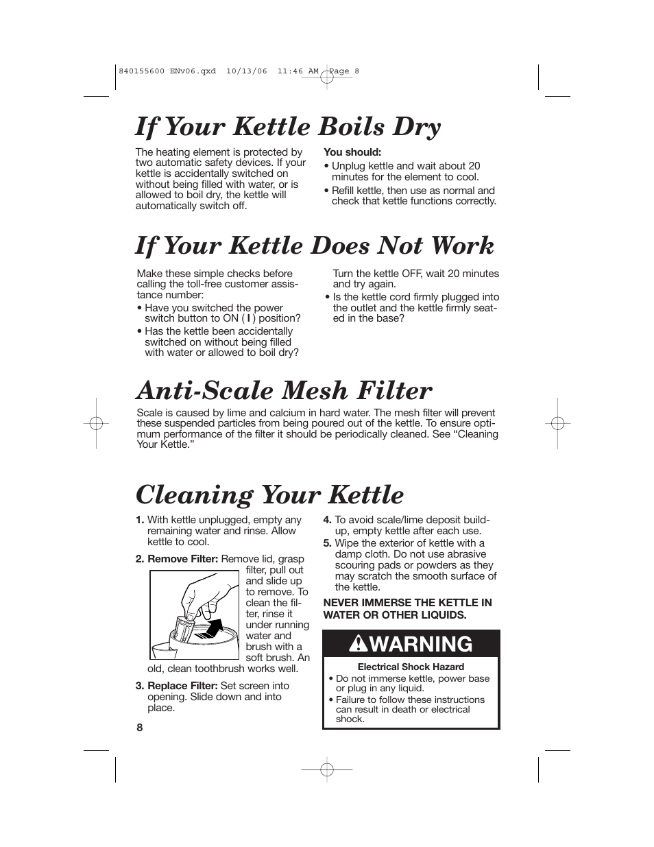 Cleaning your kettle anti-scale mesh filter, If your kettle boils dry, If your kettle does not work | W warning | Hamilton Beach 40990 User Manual | Page 8 / 28