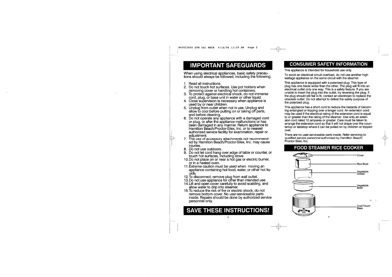 Important safeguards, Save these instructions | Hamilton Beach 36500 User Manual | Page 2 / 9