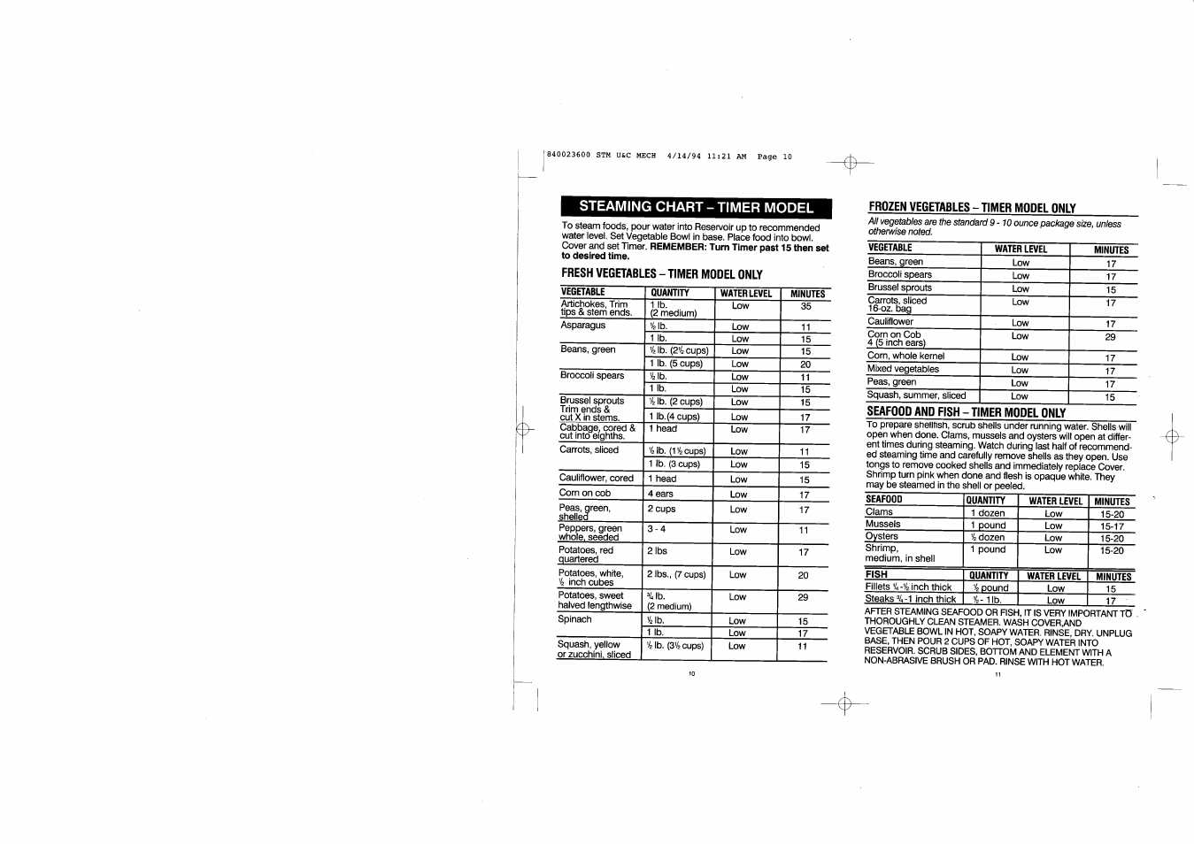 Steaming chart - timer model | Hamilton Beach 36500 User Manual | Page 6 / 9