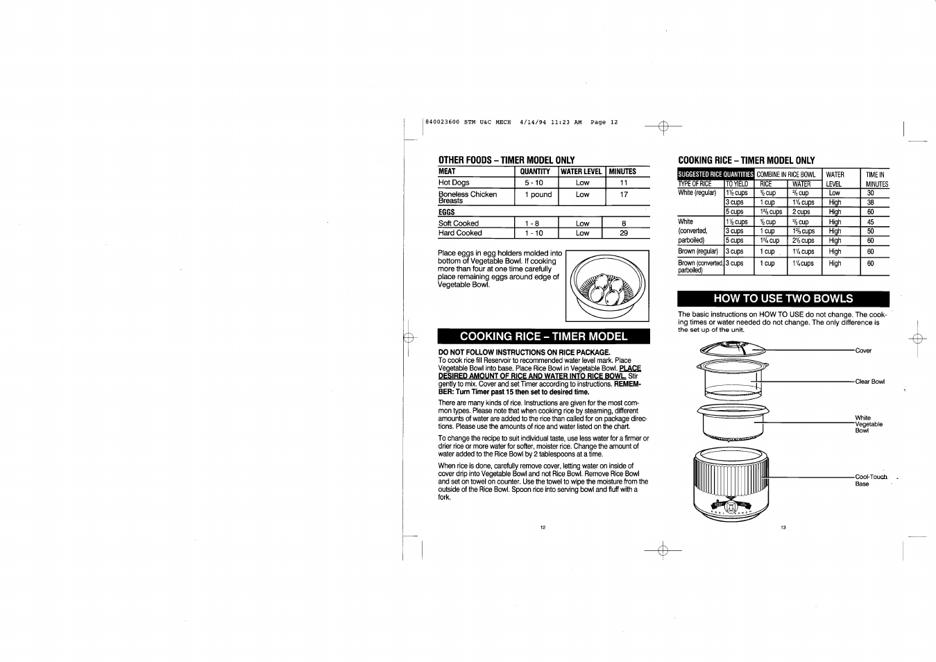 Cooking rice - timer model, How to use two bowls | Hamilton Beach 36500 User Manual | Page 7 / 9