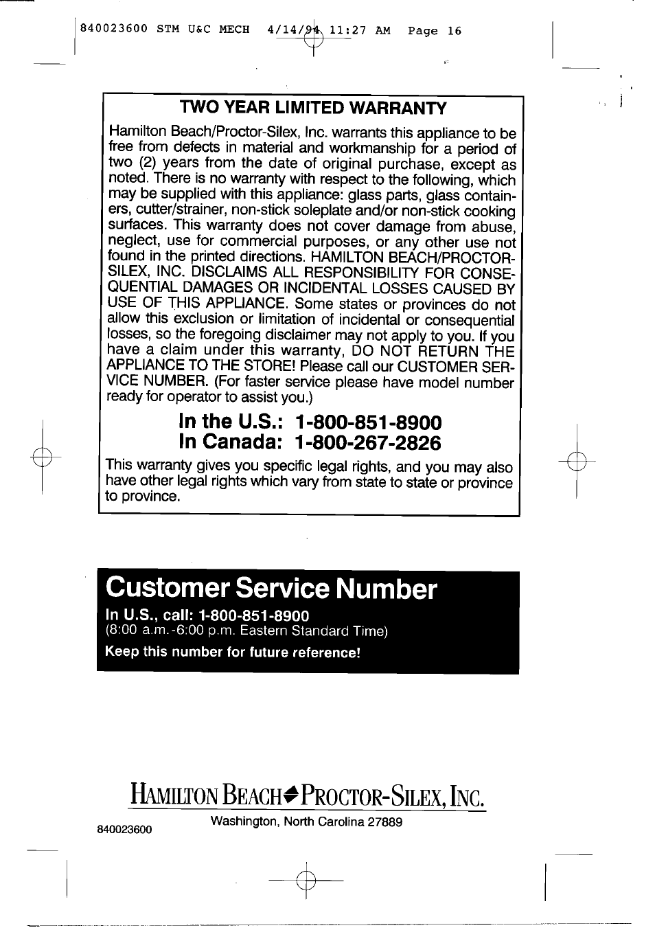 Hamilton Beach 36500 User Manual | Page 9 / 9