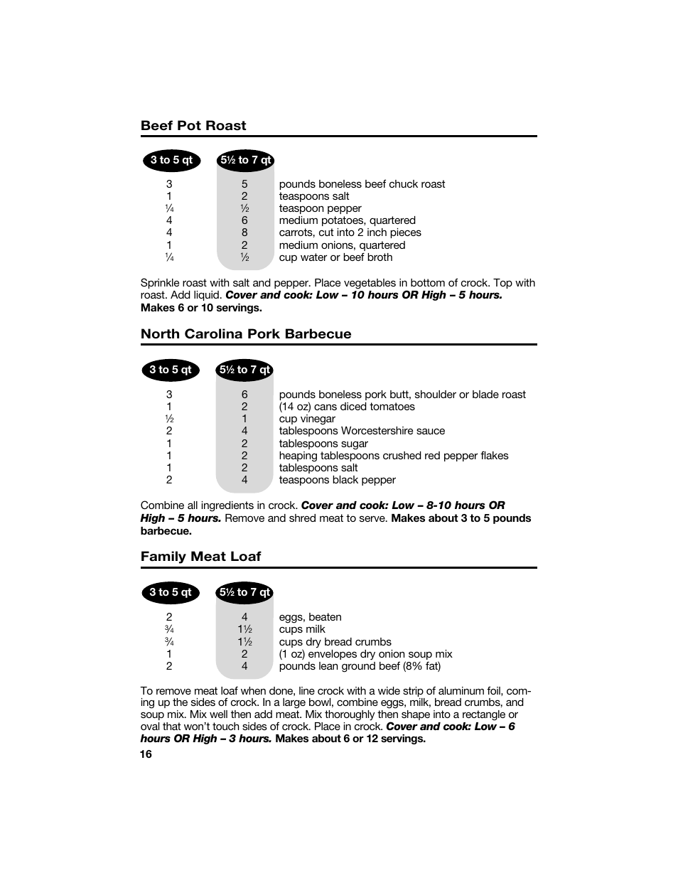 Beef pot roast, North carolina pork barbecue, Family meat loaf | Hamilton Beach 840096700 User Manual | Page 16 / 24