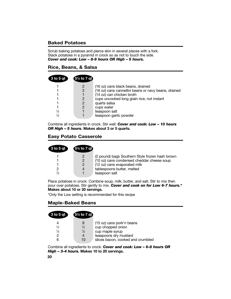Baked potatoes, Rice, beans, & salsa, Easy potato casserole | Maple-baked beans | Hamilton Beach 840096700 User Manual | Page 20 / 24