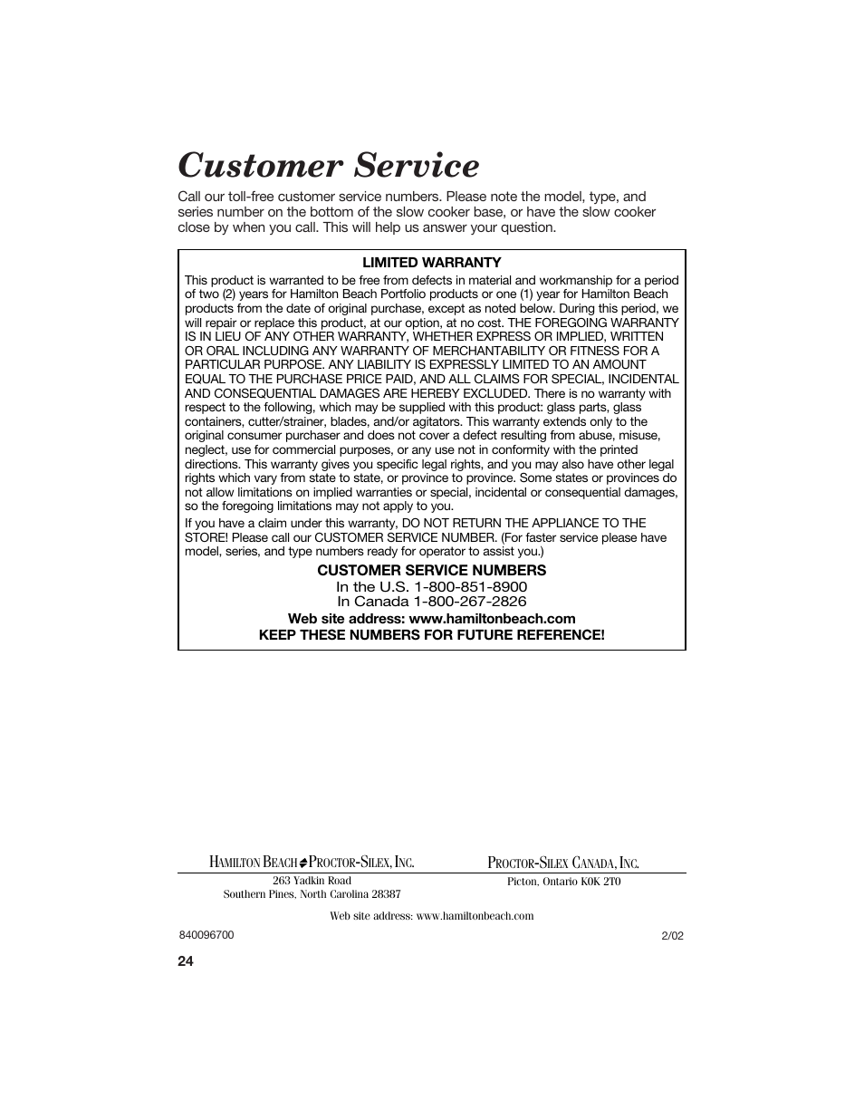 Customer service | Hamilton Beach 840096700 User Manual | Page 24 / 24