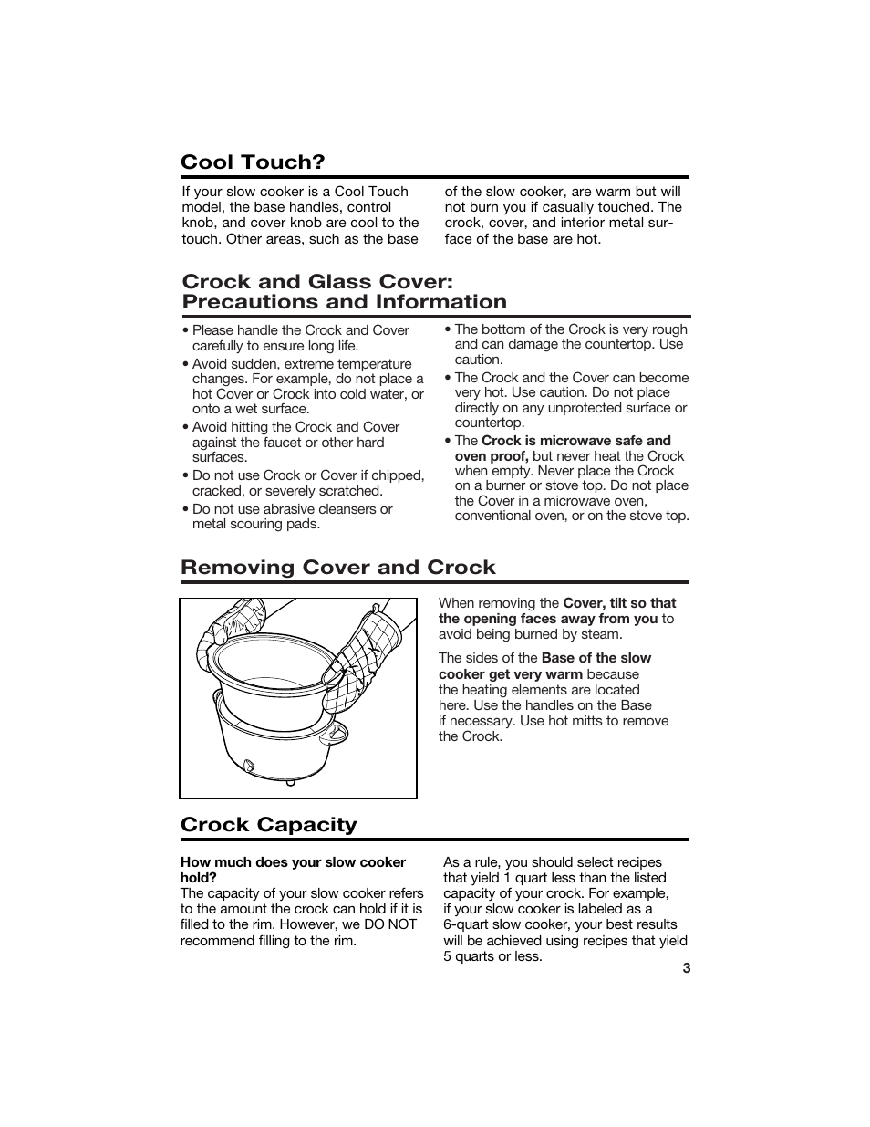 Crock and glass cover: precautions and information, Removing cover and crock crock capacity, Cool touch | Hamilton Beach 840096700 User Manual | Page 3 / 24